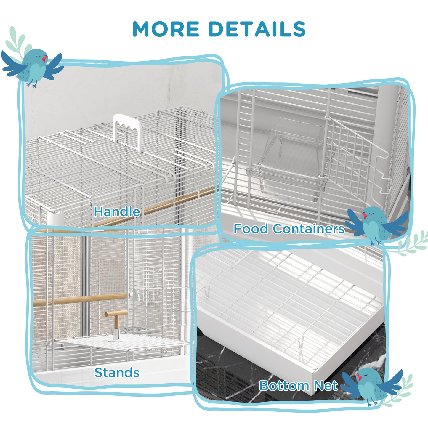 22" Bird Cage for Budgie Finches Canaries Love Birds with Wooden Stands, Slide-Out Tray, Handles, Food Containers, White