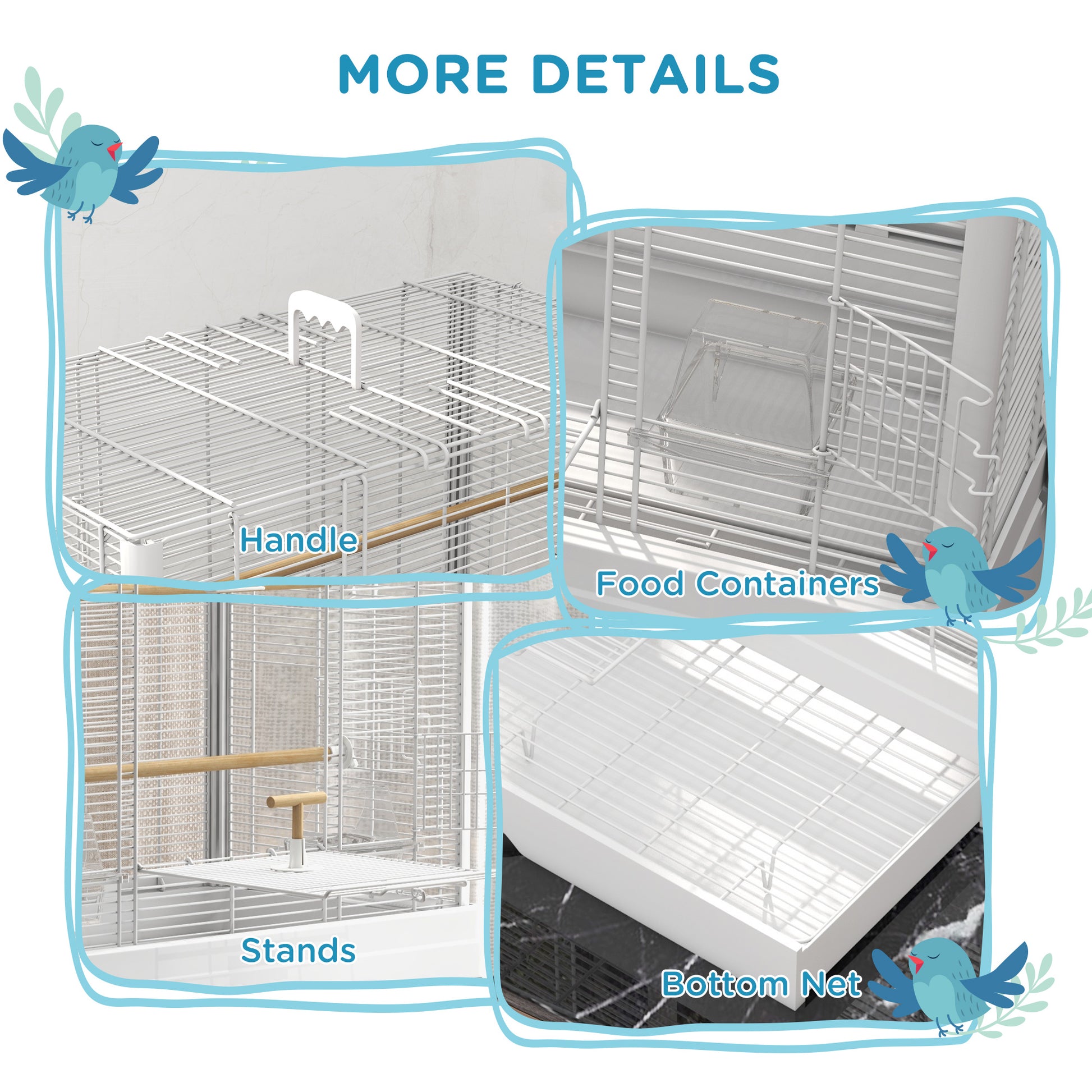 22" Bird Cage for Budgie Finches Canaries Love Birds with Wooden Stands, Slide-Out Tray, Handles, Food Containers, White