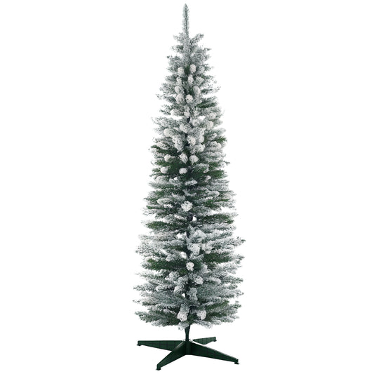 6ft Tall Pencil Artificial Christmas Tree, Holiday Décor with Snow Flocked Branches, Green