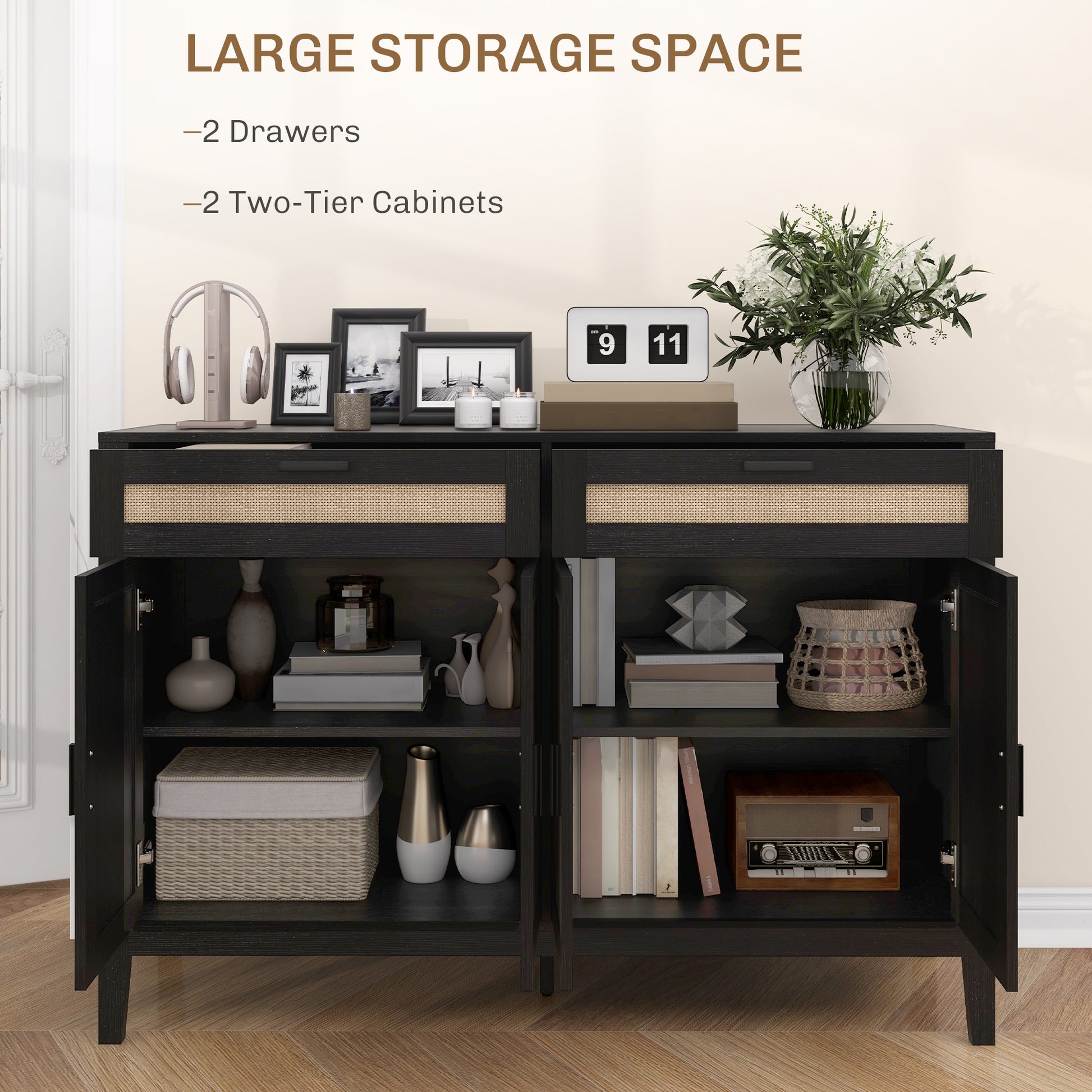 Kitchen Sideboard Cabinet, Boho Buffet Table with Decorative Rattan Doors and Drawers for Dining Room, Black