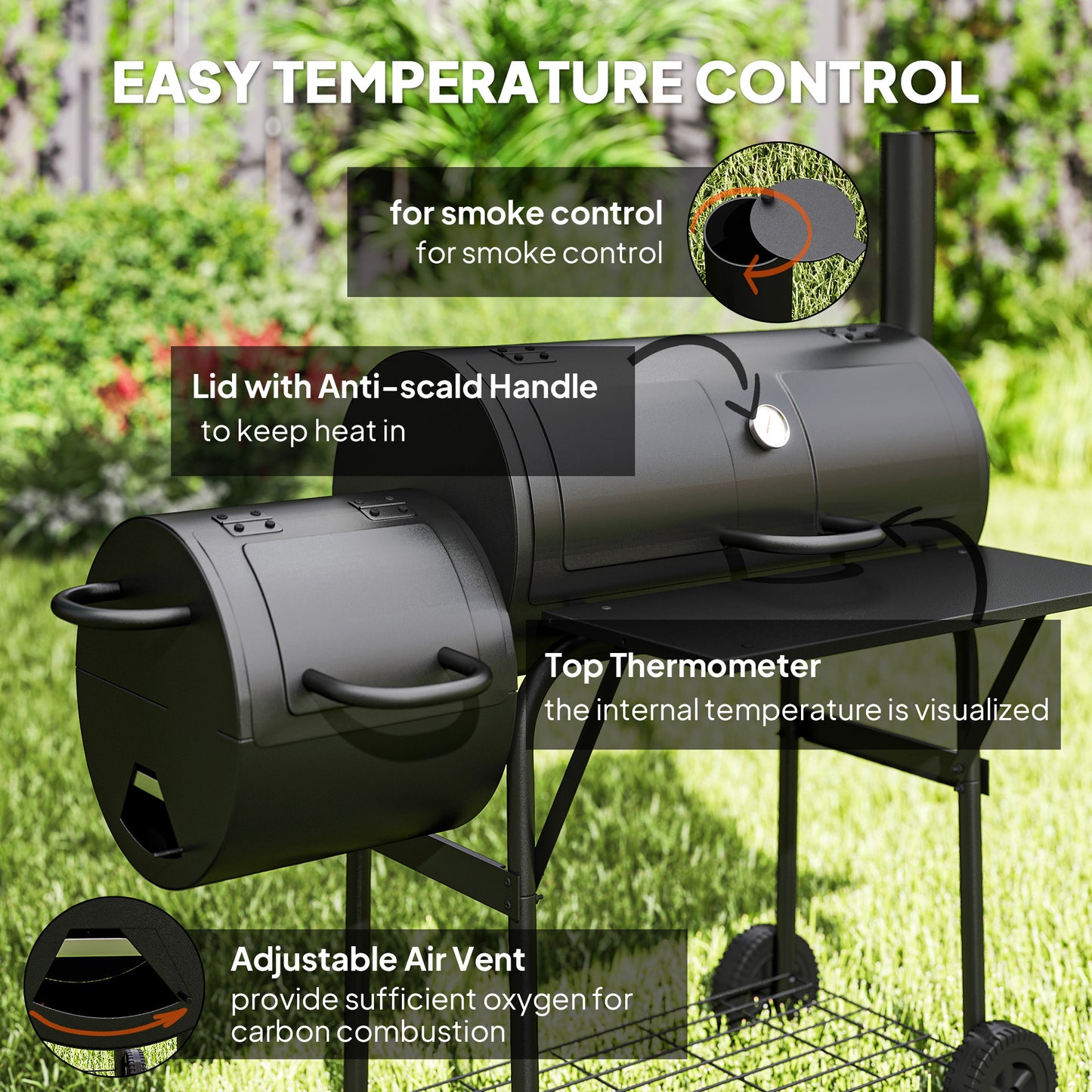 Portable Outdoor Charcoal BBQ Grill with Offset Smoker, Barbecue Grill with Spacious Cooking Area, 2 Shelves, Thermomete