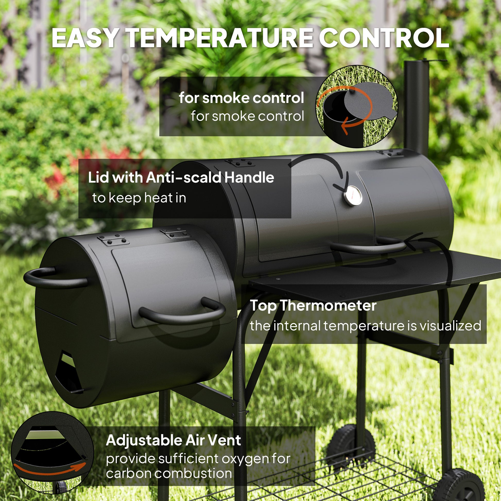 Portable Outdoor Charcoal BBQ Grill with Offset Smoker, Barbecue Grill with Spacious Cooking Area, 2 Shelves, Thermomete