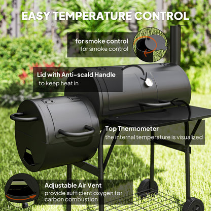 Portable Outdoor Charcoal BBQ Grill with Offset Smoker, Barbecue Grill with Spacious Cooking Area, 2 Shelves, Thermomete