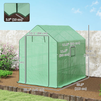 Walk-in Greenhouse with 3 Tier, Garden Plant Growhouse with Roll-up Door and Mesh Windows, 140 x 213 x 190 cm, Green