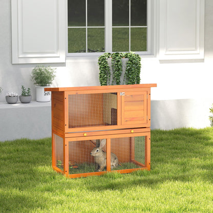 Wooden Rabbit Hutch, Indoor Outdoor Bunny Cage with Run, 2- Level Guinea Pig House with Slide-Out Tray, Waterproof Roof,