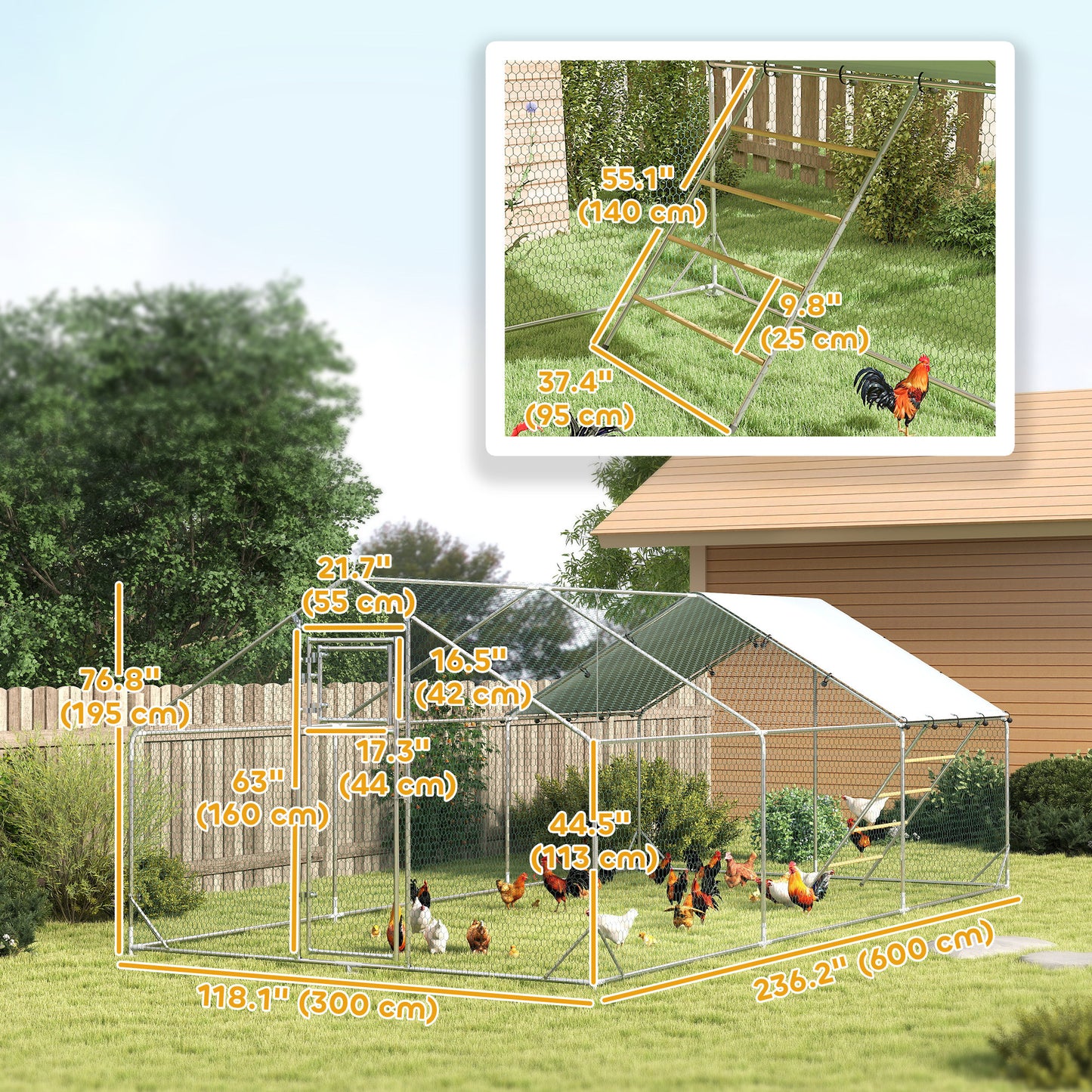 Large Metal Chicken Run with Waterproof & UV-Resistant Cover, Feeding Door, Hanging Feeder, Perch for 18-24 Chickens
