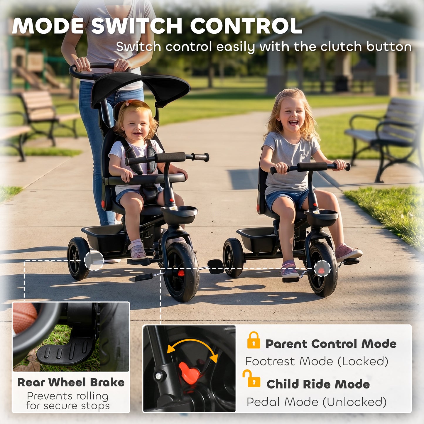 Qaba Tricycle for Toddler 5 in 1 Kids Trike, Converts Stroller to Toddler Bike, Adjustable Backrest & Flat Canopy, Detac