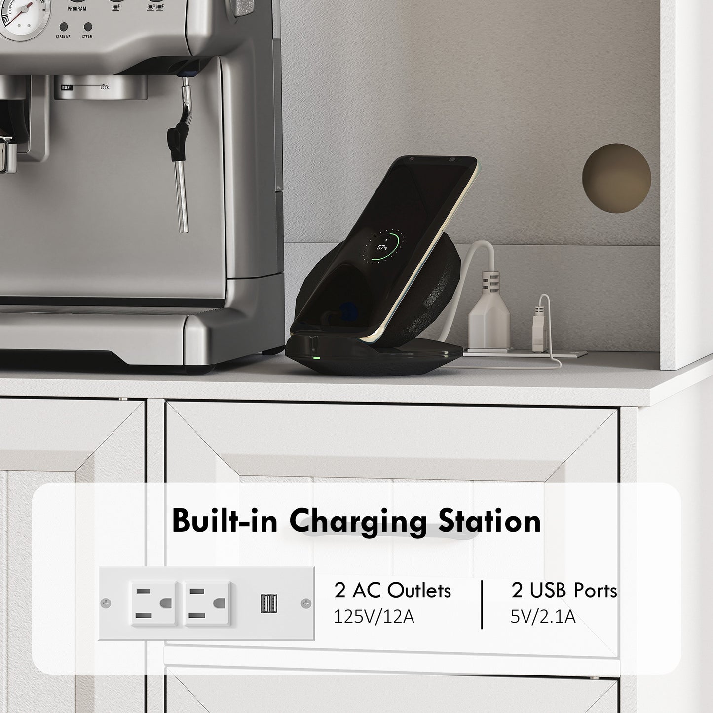 71" Pantry Cabinet with Charging Station, Kitchen Storage Cabinet with Microwave Stand, Adjustable Shelves, White