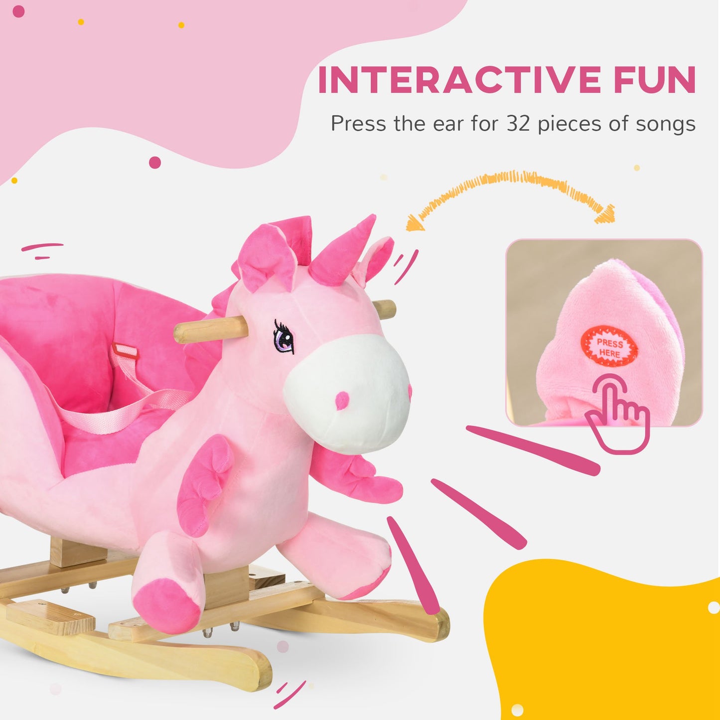 Qaba Baby Rocking Horse, Plush Animal Rocker for Toddlers Aged 18-36 Months, Stuffed Ride Toy with Sounds, Seat Belt, Pi