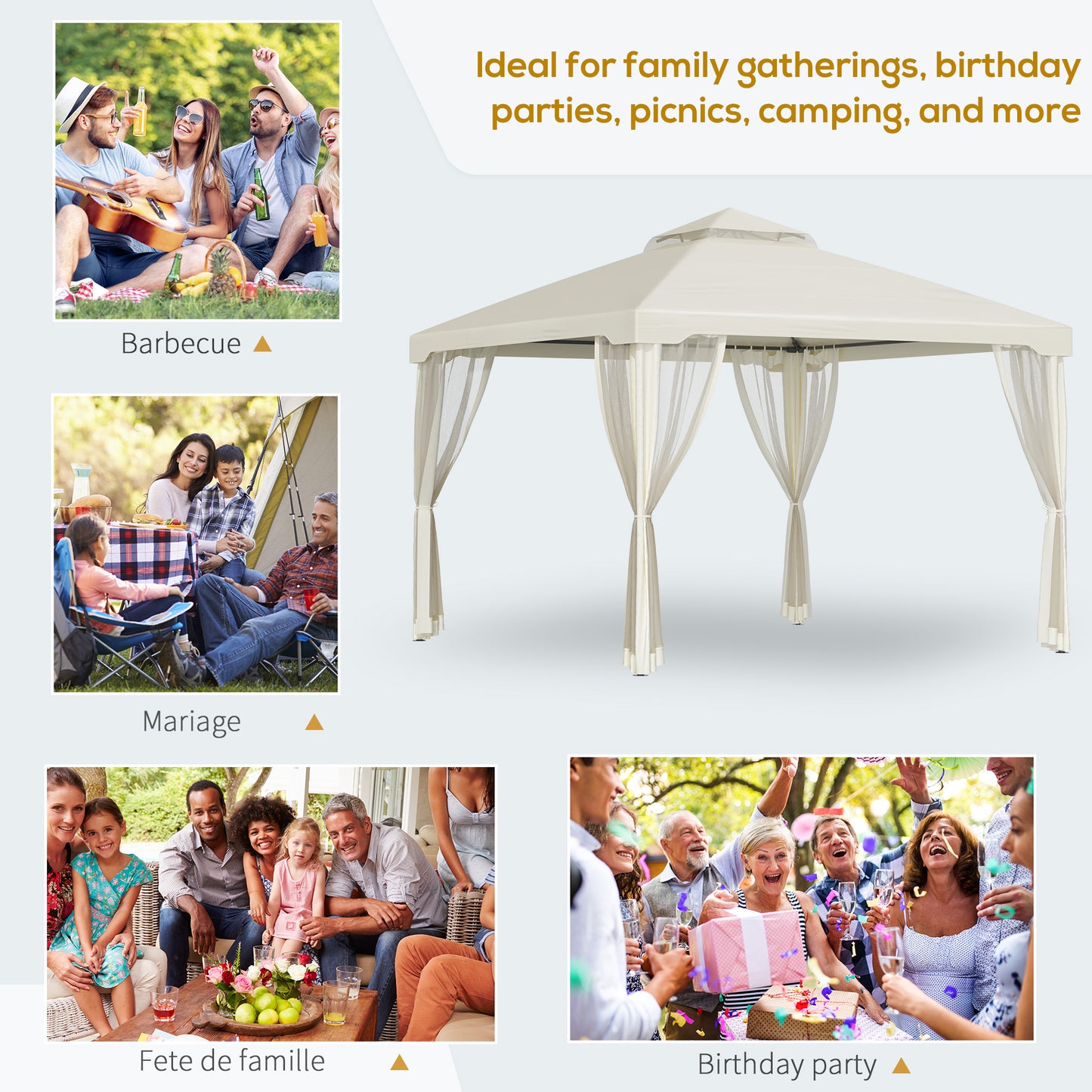10' x 10' Patio Gazebo Pavilion, 2-Tier Roof Canopy Outdoor Shelter with Steel Frame and Mosquito Netting for Garden, Ya