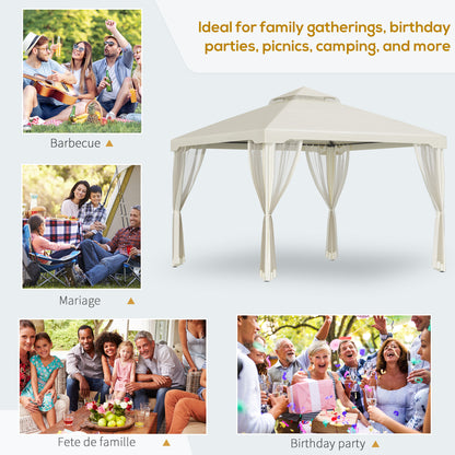 10' x 10' Patio Gazebo Pavilion, 2-Tier Roof Canopy Outdoor Shelter with Steel Frame and Mosquito Netting for Garden, Ya