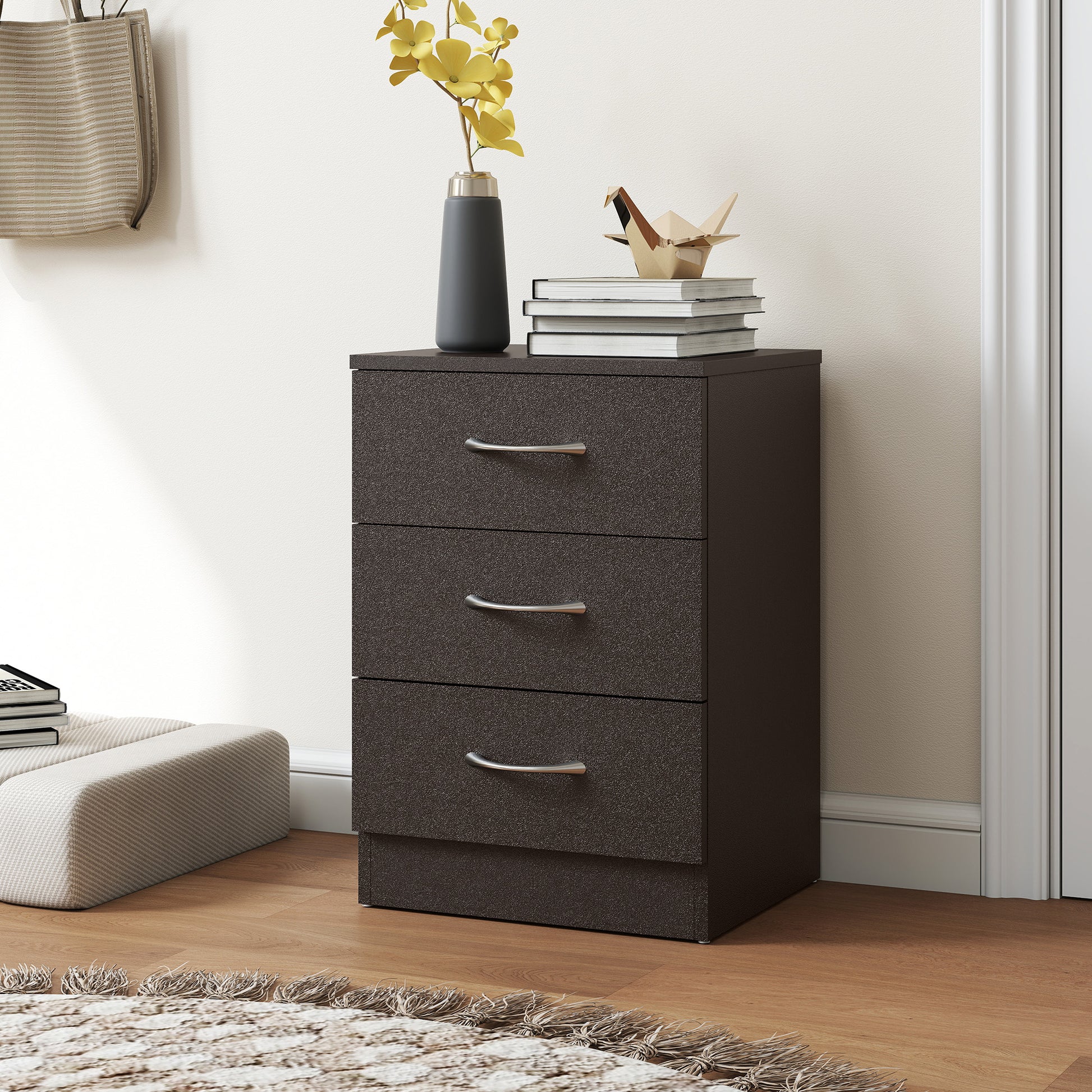 Bedside Table, Modern Night Stand with 3 Drawers and Metal Rail for Bedroom, Dark Brown