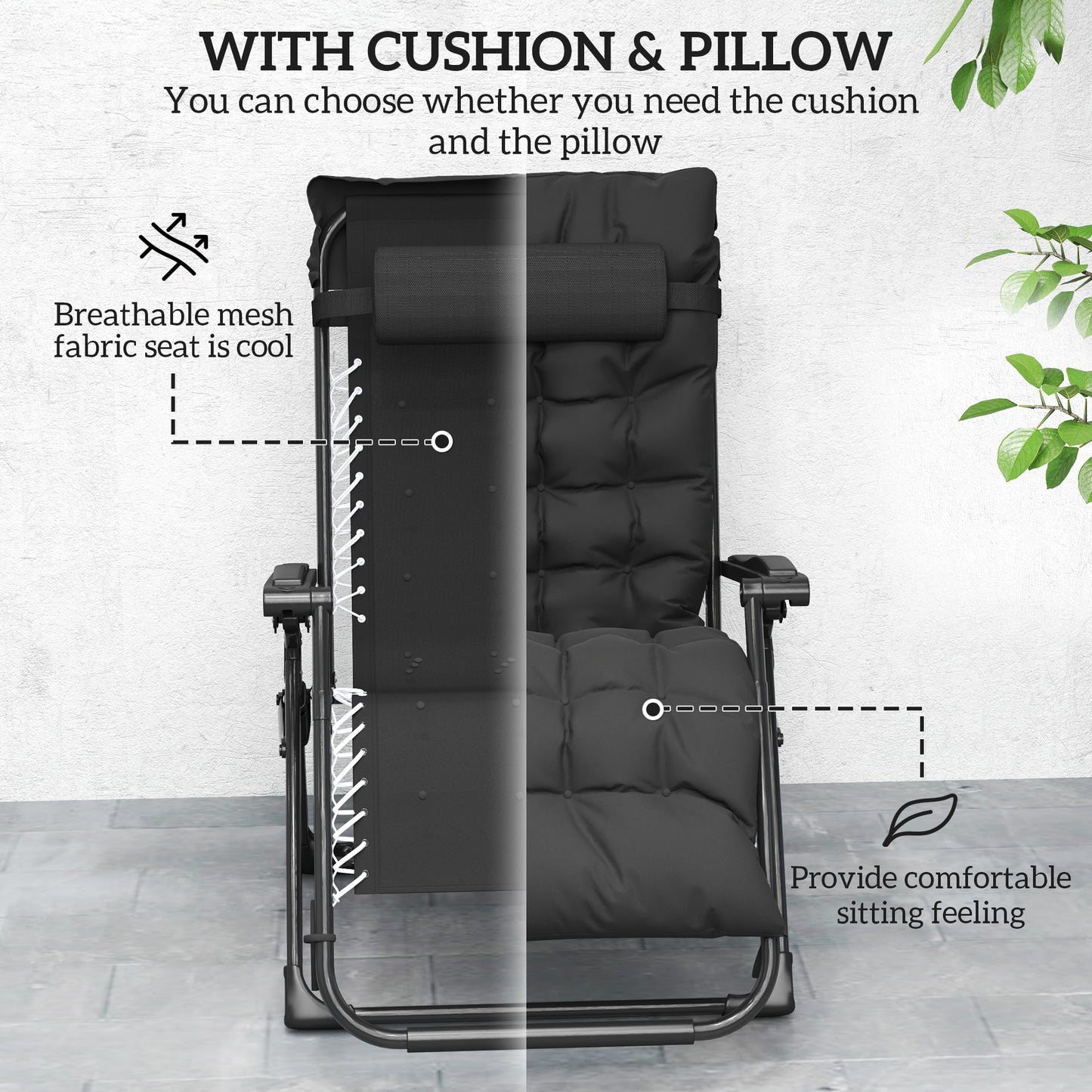 Folding Garden Chair, Reclining Zero Gravity Chair, Sun Lounger with Cushion and Headrest, Black
