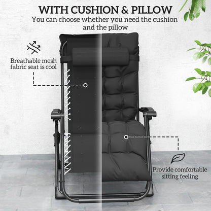 Folding Garden Chair, Reclining Zero Gravity Chair, Sun Lounger with Cushion and Headrest, Black