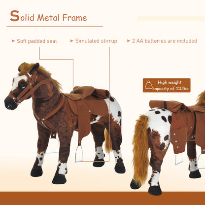 Qaba Standing Ride on Horse, Plush Pony Toy for Kids with Neighing Sound, Soft Padding, for Cowboy Cowgirl Aged 3-8 Year