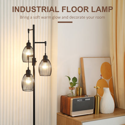 Industrial Floor Lamp with 3 Hanging Wire Lampshades, Dimmable Standing Lamp for Living Room, Bedroom, Dining Room, Stud
