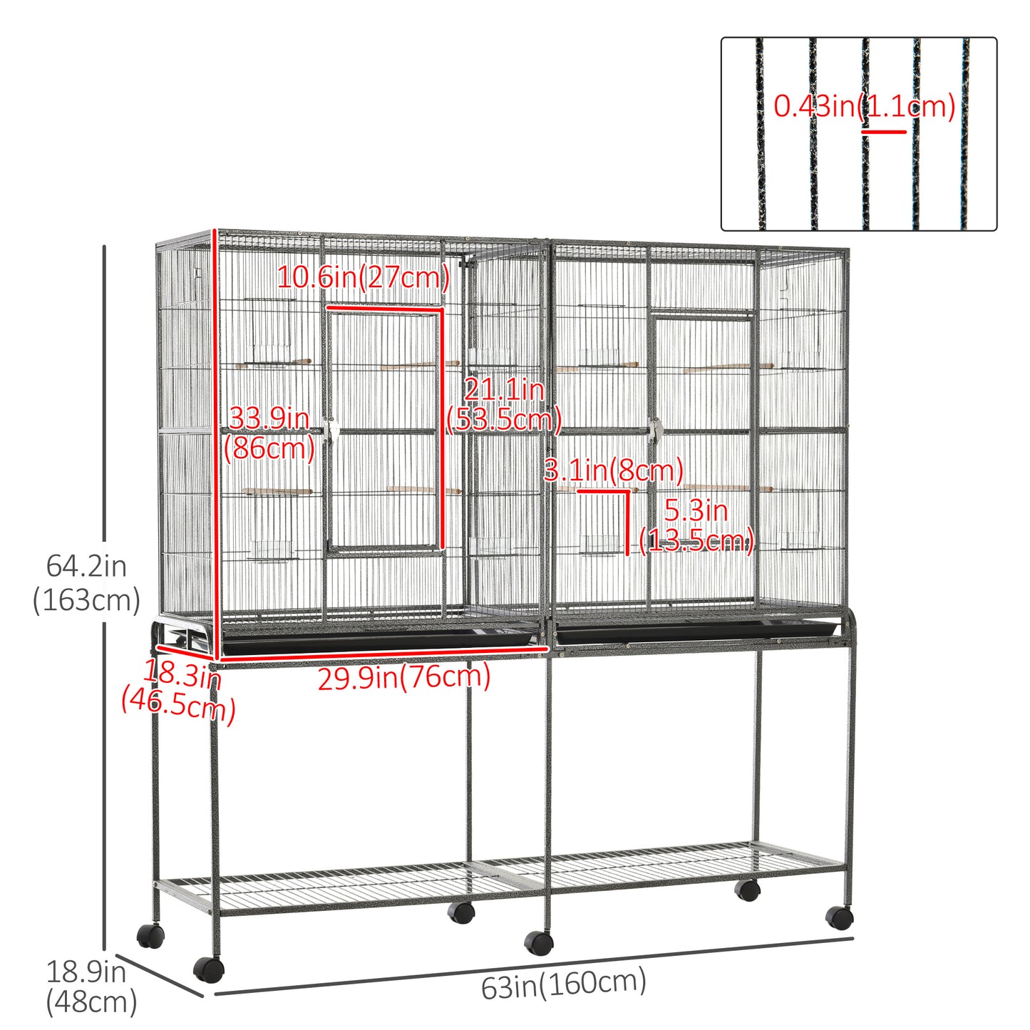 64" Extra Large Bird Cage, Rolling Metal Parrot Cage, Bird House with Detachable Rolling Stand, Storage Shelf, Wood Perc