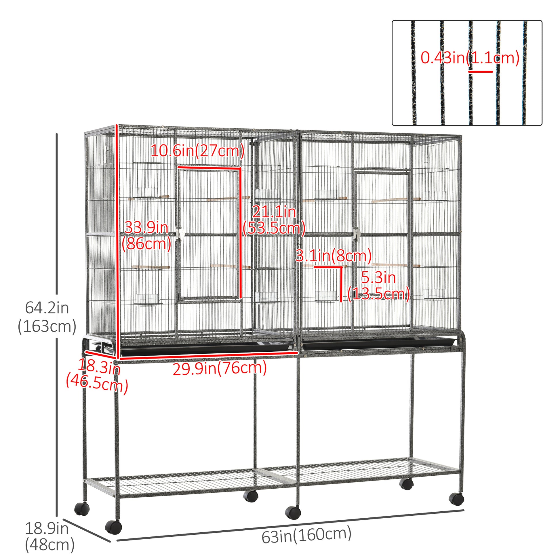 64" Extra Large Bird Cage, Rolling Metal Parrot Cage, Bird House with Detachable Rolling Stand, Storage Shelf, Wood Perc