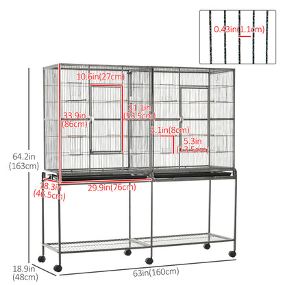 64" Extra Large Bird Cage, Rolling Metal Parrot Cage, Bird House with Detachable Rolling Stand, Storage Shelf, Wood Perc