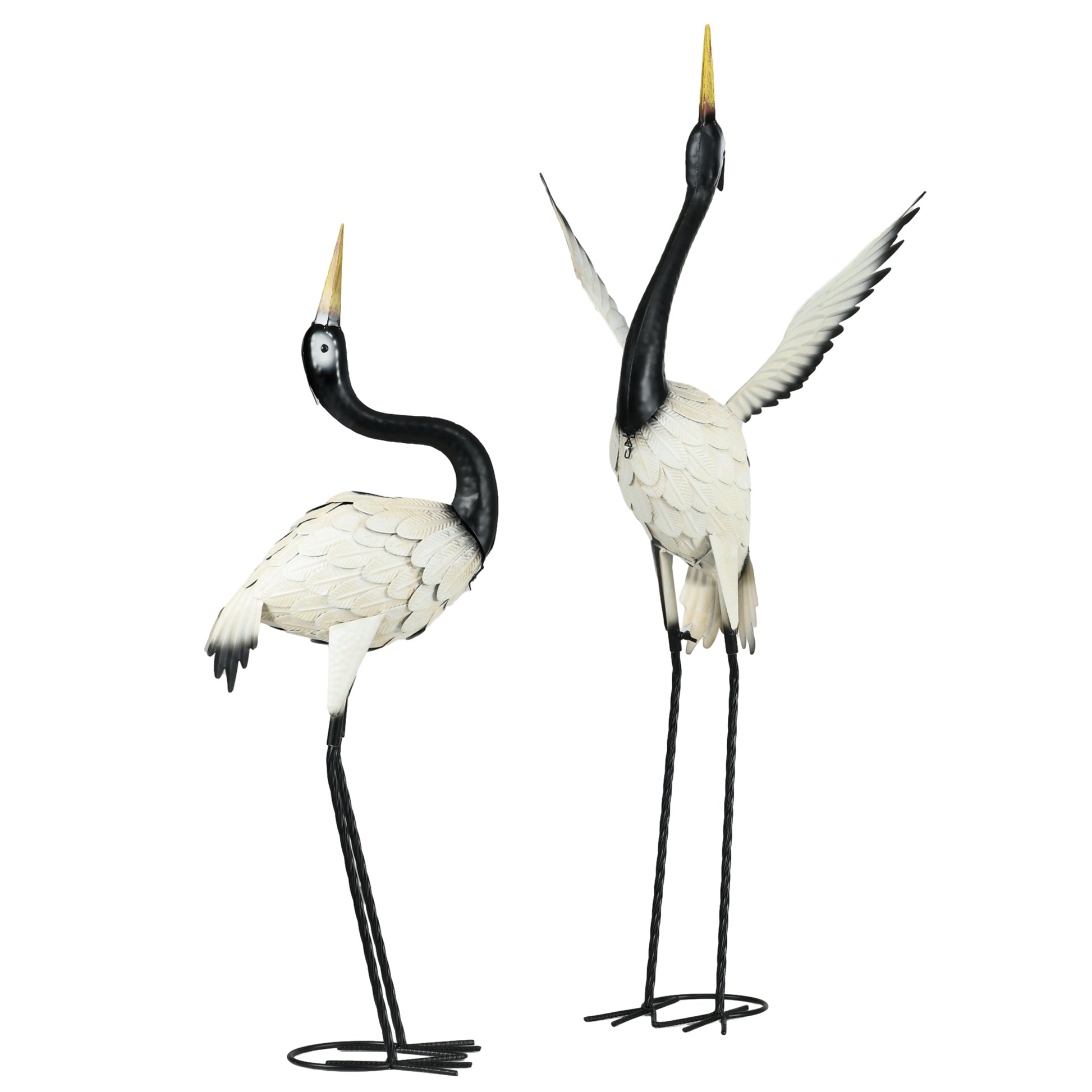 Set of 2 Garden Sculptures Heron Statues Lawn Patio Backyard Ornaments, 35.4"-40.6", White and Black