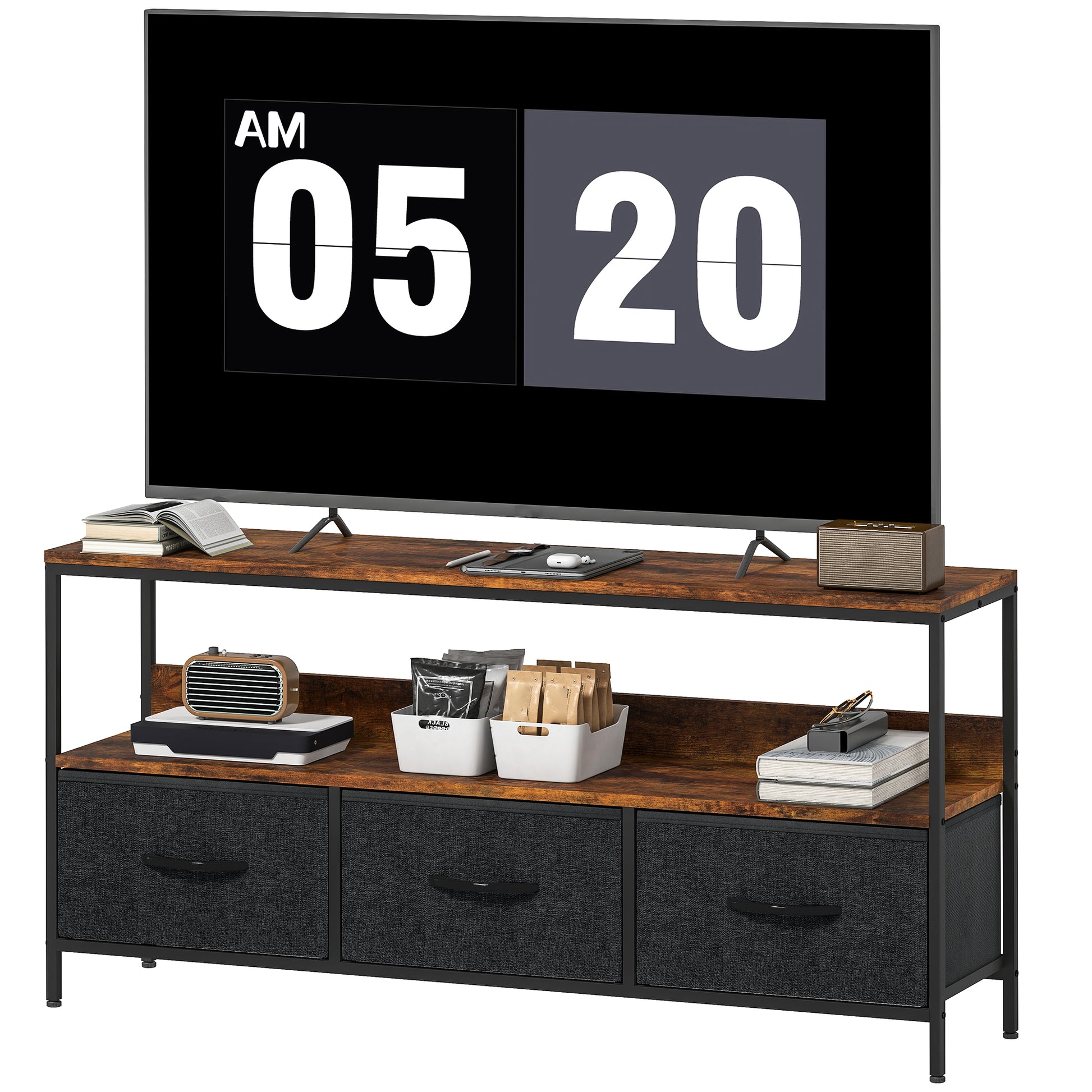 TV Stand with Charging Station, TV Table with 3 Foldable Linen Drawers and Open Shelf for 55 Inch Television, Rustic Bro