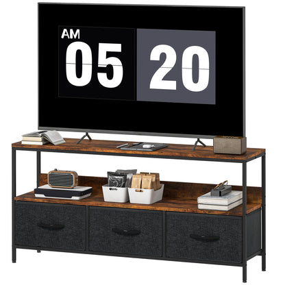 TV Stand with Charging Station, TV Table with 3 Foldable Linen Drawers and Open Shelf for 55 Inch Television, Rustic Bro
