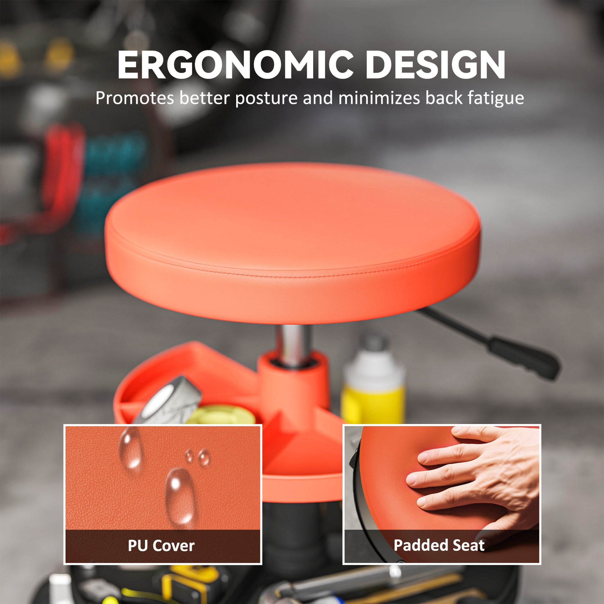 Rolling Garage Stool, 300 LBS Capacity Mechanic Stool with 2.5" Wheels, Tool Trays Storage, Adjustable Height, Orange