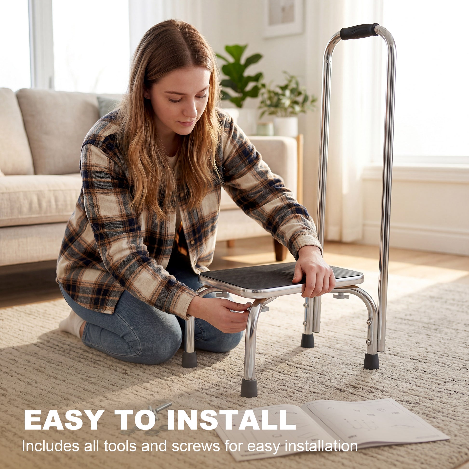 Step Stool with Handle for Adults and Seniors, Heavy Duty Metal Foot Step Stool for Elderly, Portable Stool with Anti-sl