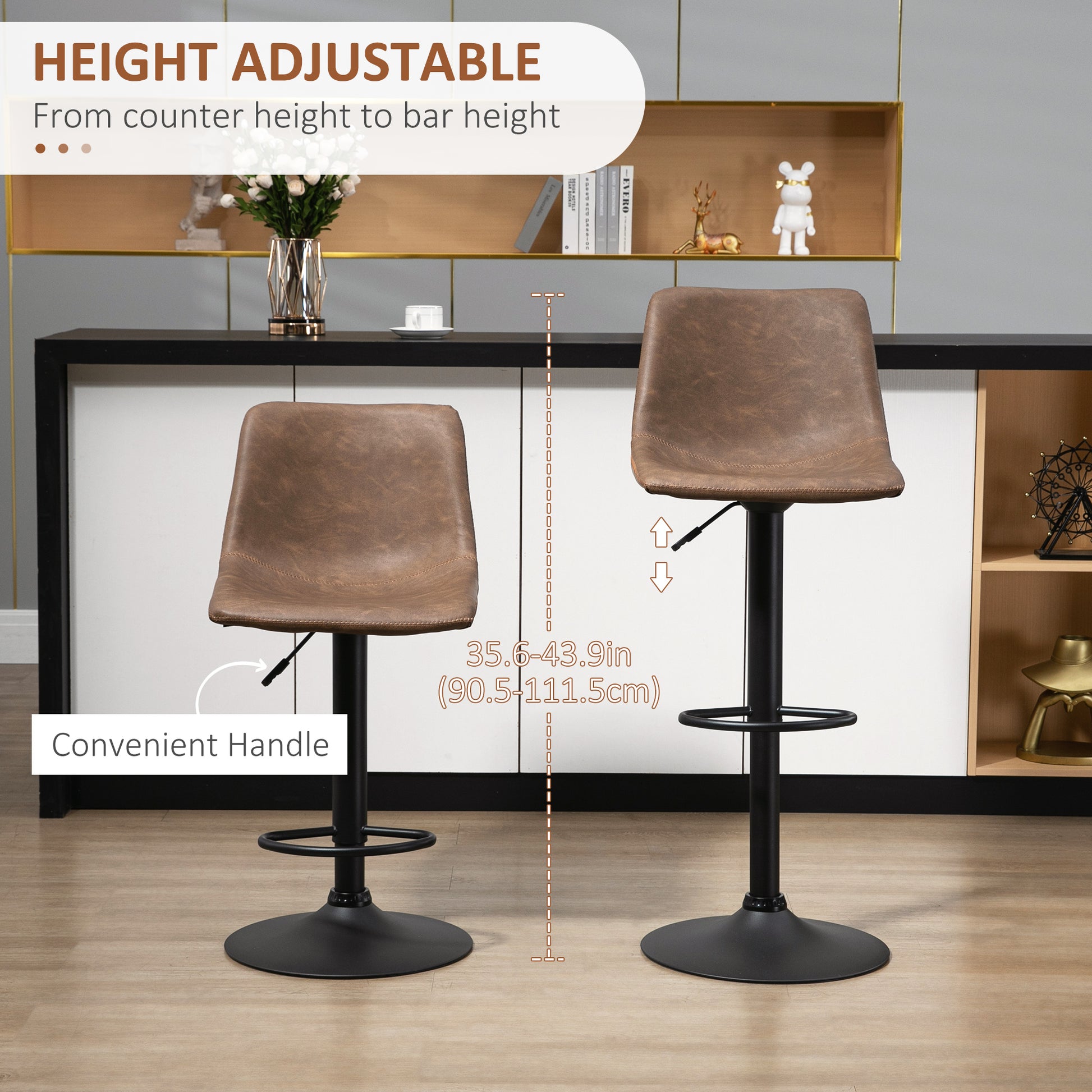 Adjustable Counter Height Bar Stools Set of 2, 360° Swivel Kitchen Counter Stools Dining Chairs with Backs, Vintage Leat
