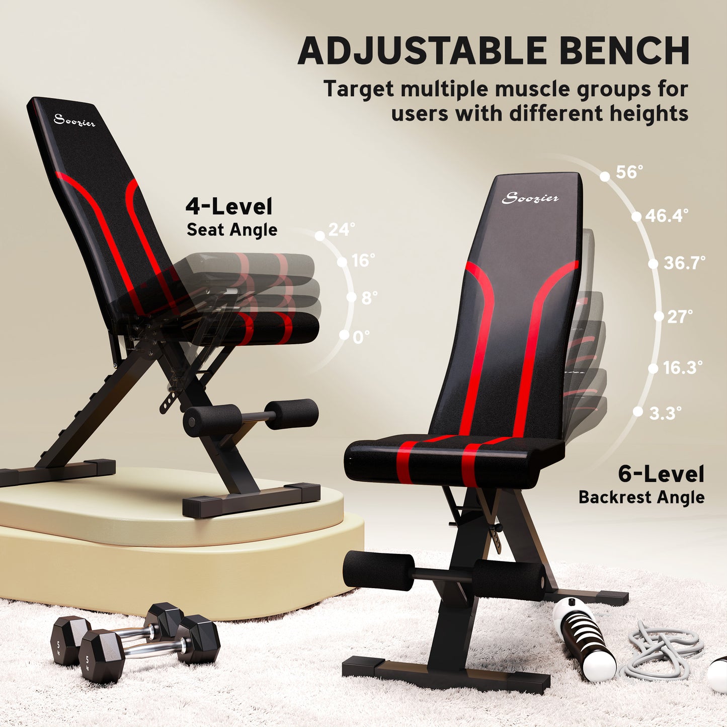 Soozier Adjustable Weight Bench, Foldable Workout Bench with Multi-Angle Seat and Back, Flat or Incline Bench for Home G