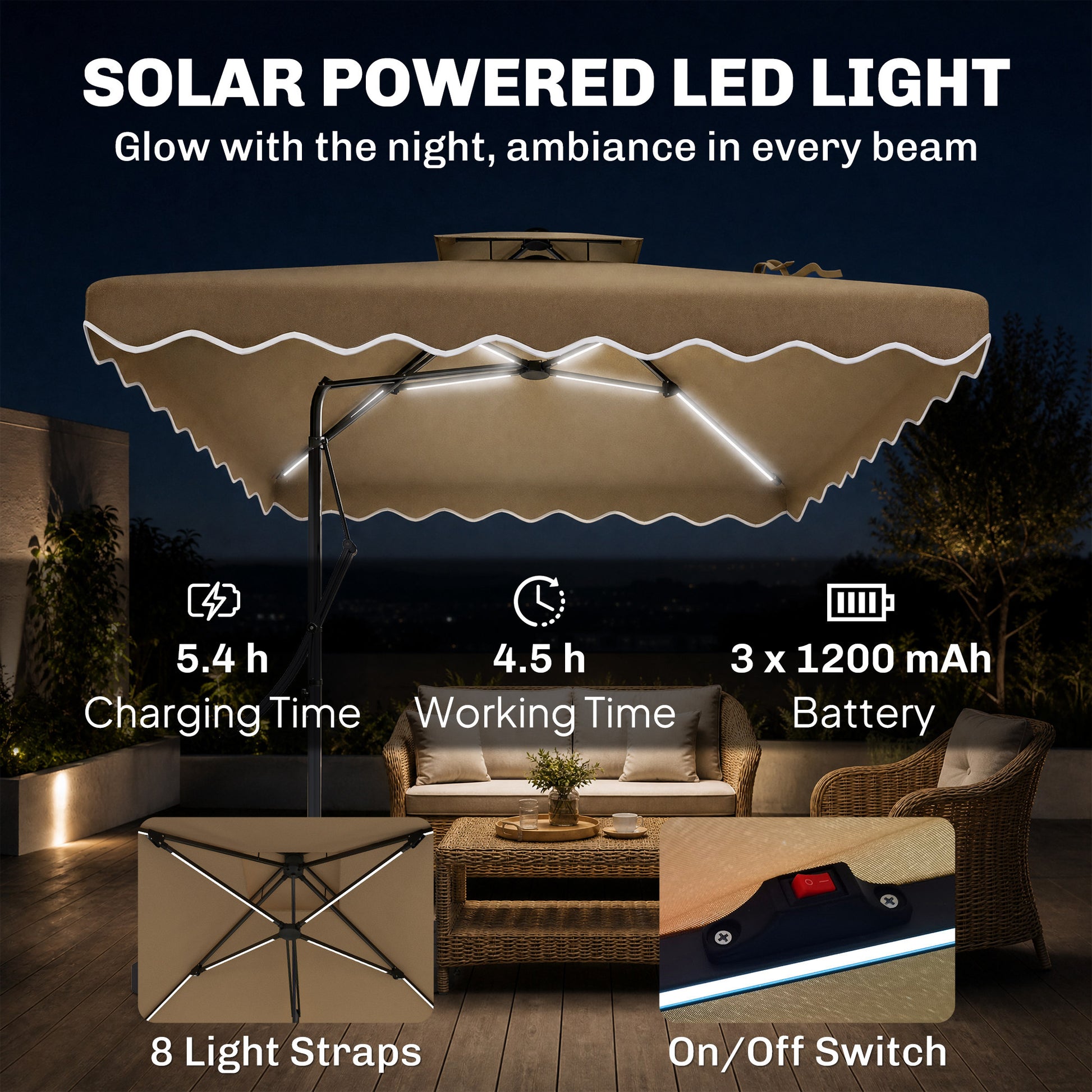 8' x 8' Square Double Top Offset Patio Umbrella Garden Parasol with Solar LED Lights, Ruffles and Weights, Khaki