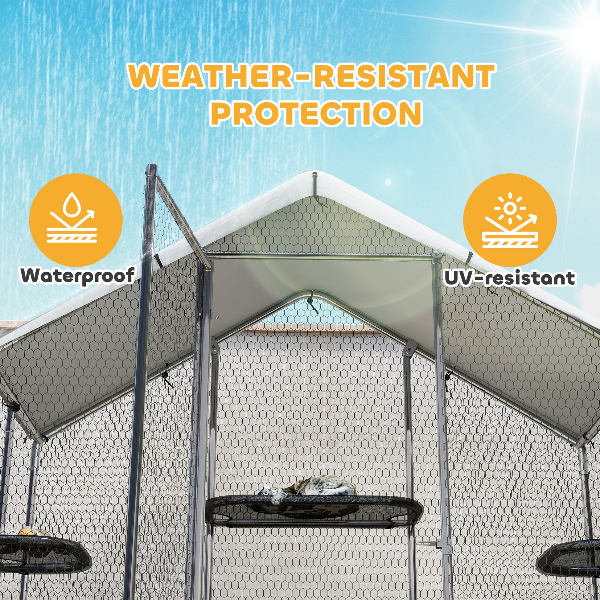 Large Catio Outdoor Cat Enclosure with Waterproof Cover, Walk-in Cat Patio w/ 5 Adjustable Platforms & Hammock 79" W