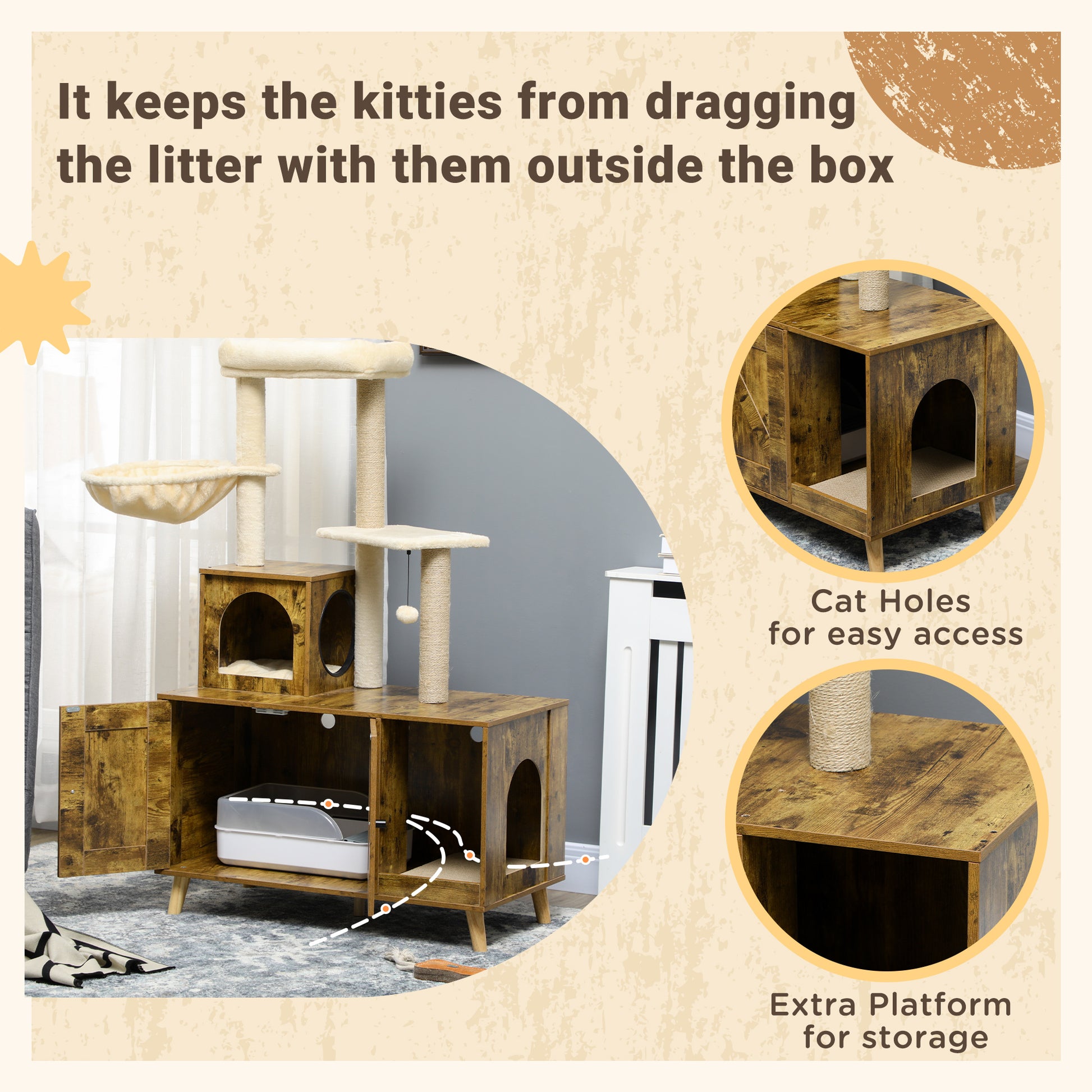 Litter Box Enclosure with Cat Tree Tower, Hidden Cat Washroom Furniture with Condo, Scratching Posts, Large Platform, Ha