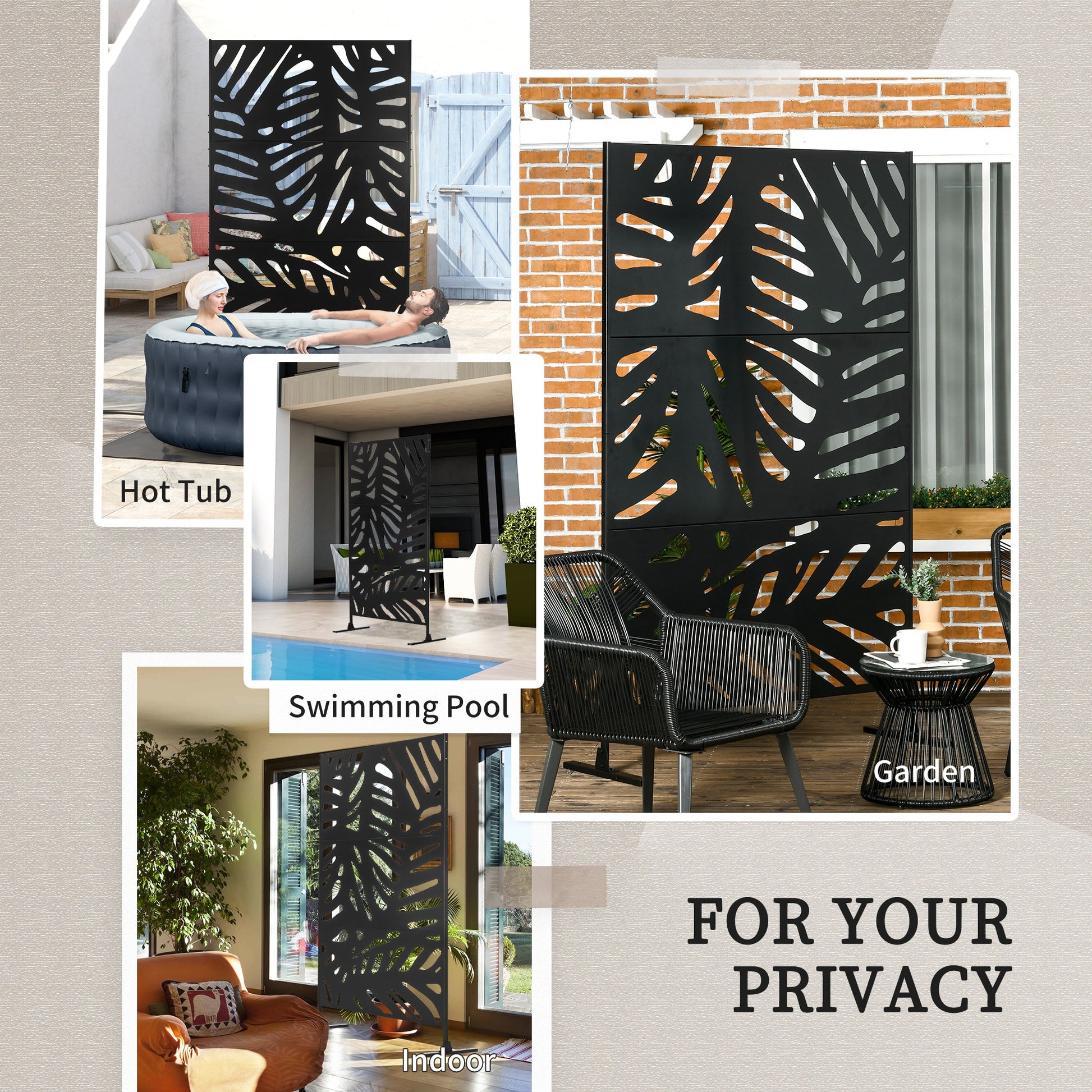 Freestanding Outdoor Privacy Screen, Decorative Metal Outdoor Divider with Stand for Garden, Backyard, Deck, Black