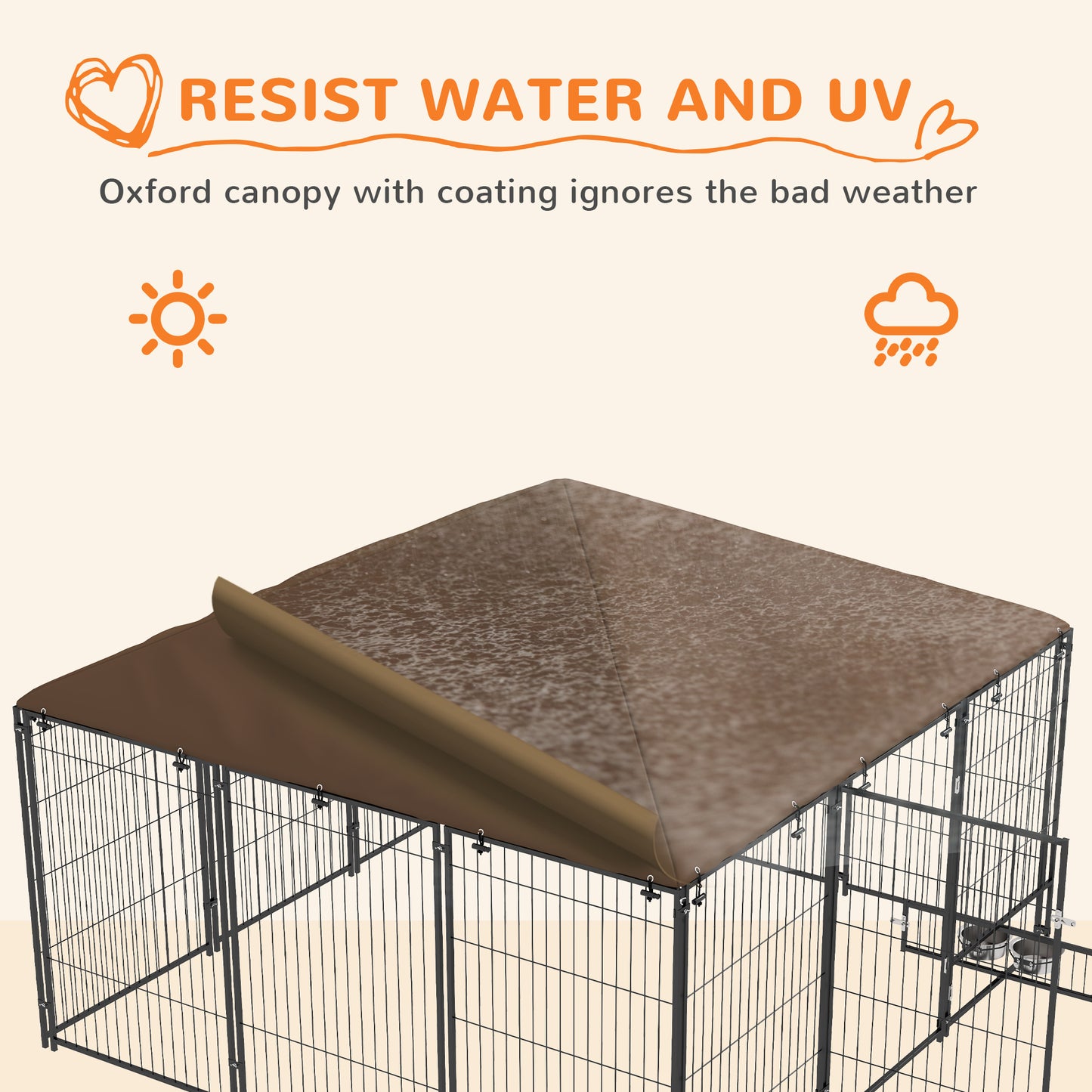 6.9' x 6.9' x 5' Outdoor Dog Kennel with Canopy, Rotating Bowls, Coffee