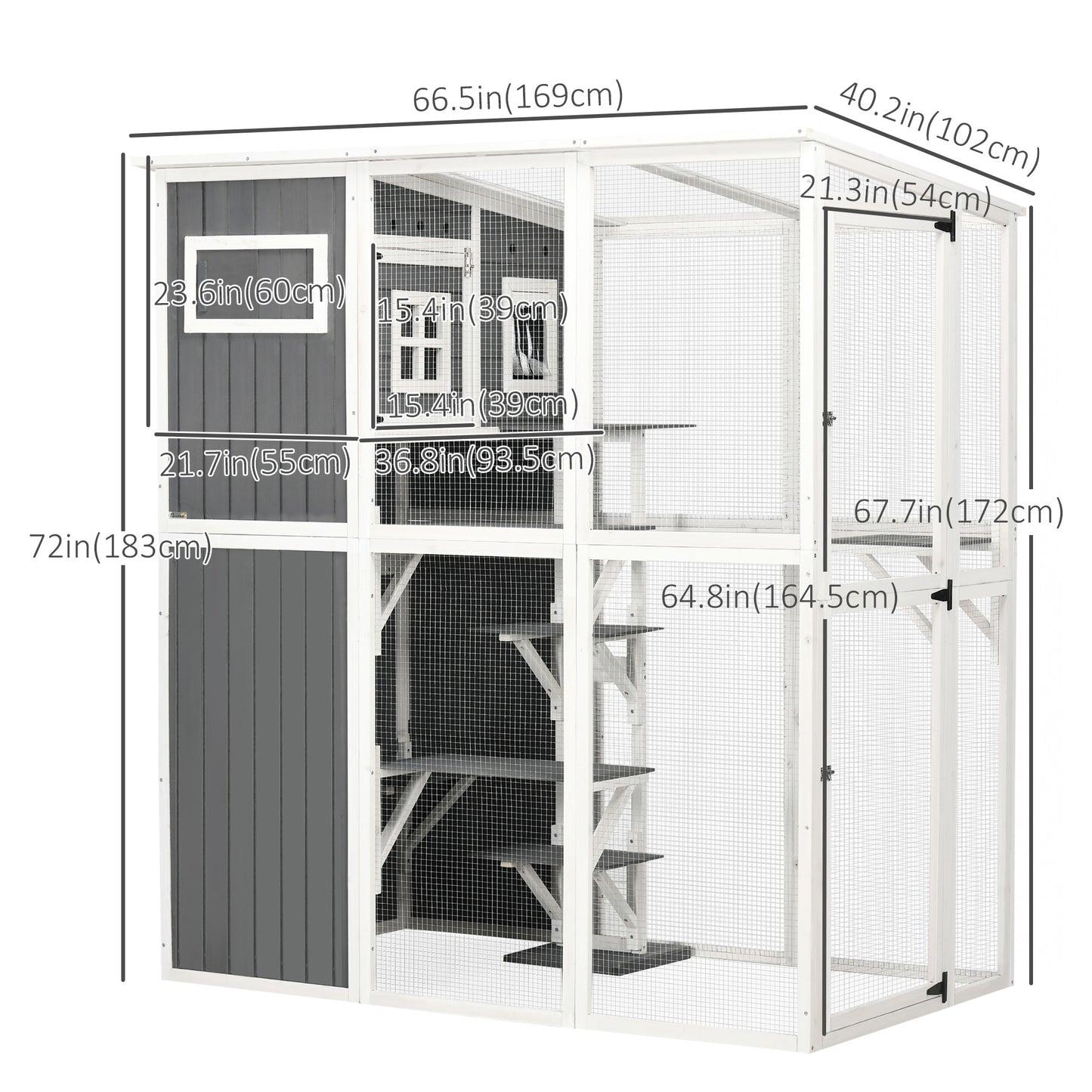 Wooden Cat Catio, 66.5"L Walk in Outdoor Cat House with PVC Weather Protection Roof, Multiple Platforms, Lockable Doors,