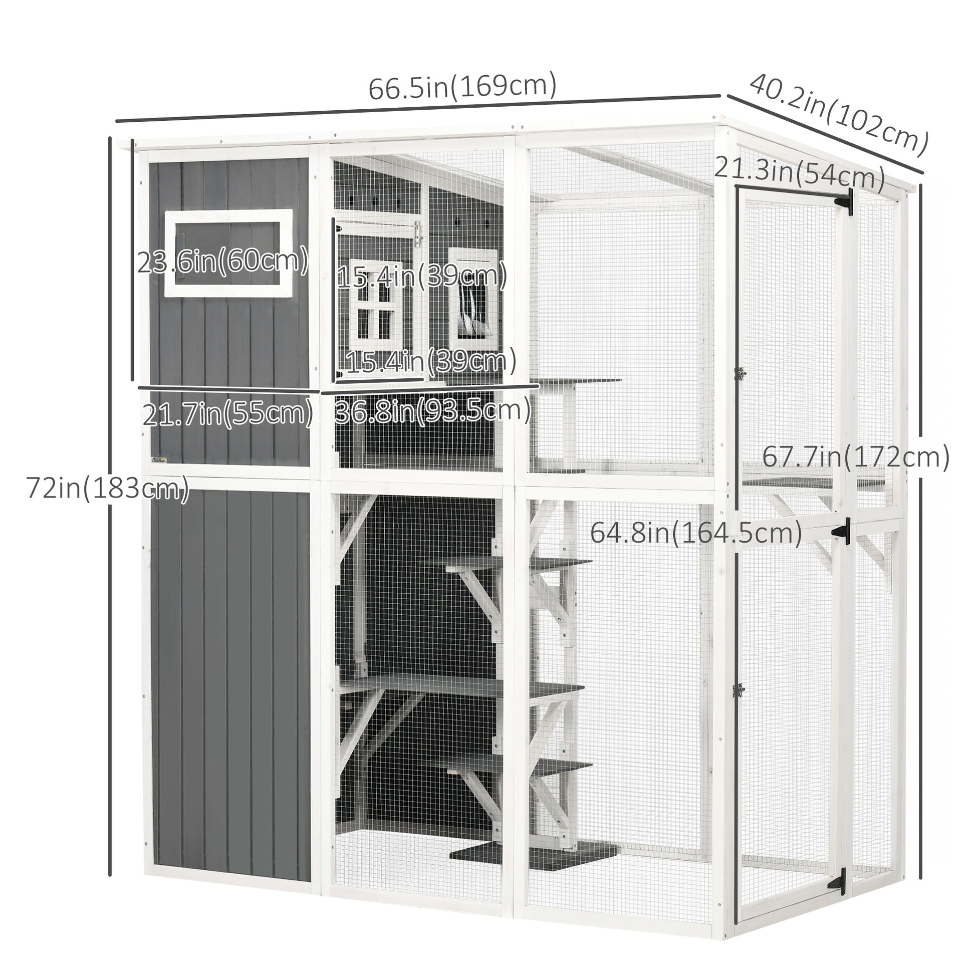 Wooden Cat Catio, 66.5"L Walk in Outdoor Cat House with PVC Weather Protection Roof, Multiple Platforms, Lockable Doors,