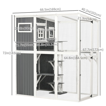 Wooden Cat Catio, 66.5"L Walk in Outdoor Cat House with PVC Weather Protection Roof, Multiple Platforms, Lockable Doors,