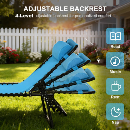 Outdoor Folding Lounge Chair, 4-Level Adjustable Chaise Lounge with Headrest, Tanning Chair Beach Bed, Reclining Lounger