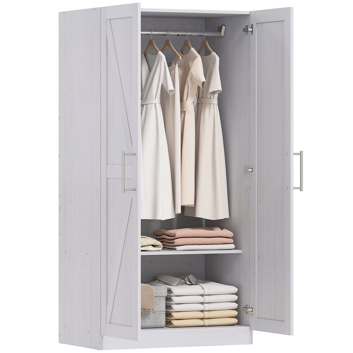Wardrobe Cabinet with Hanging Rod, Anti-Tipping and 2 Barn Doors, Farmhouse Wardrobe Closet for Bedroom, White Wood Effe
