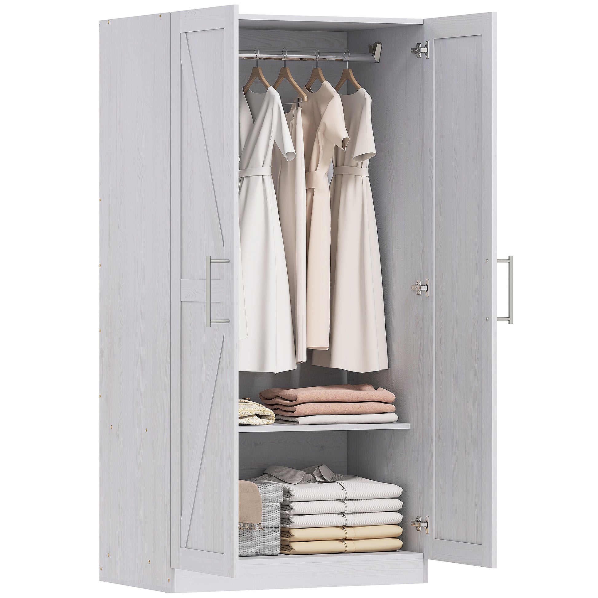Wardrobe Cabinet with Hanging Rod, Anti-Tipping and 2 Barn Doors, Farmhouse Wardrobe Closet for Bedroom, White Wood Effe