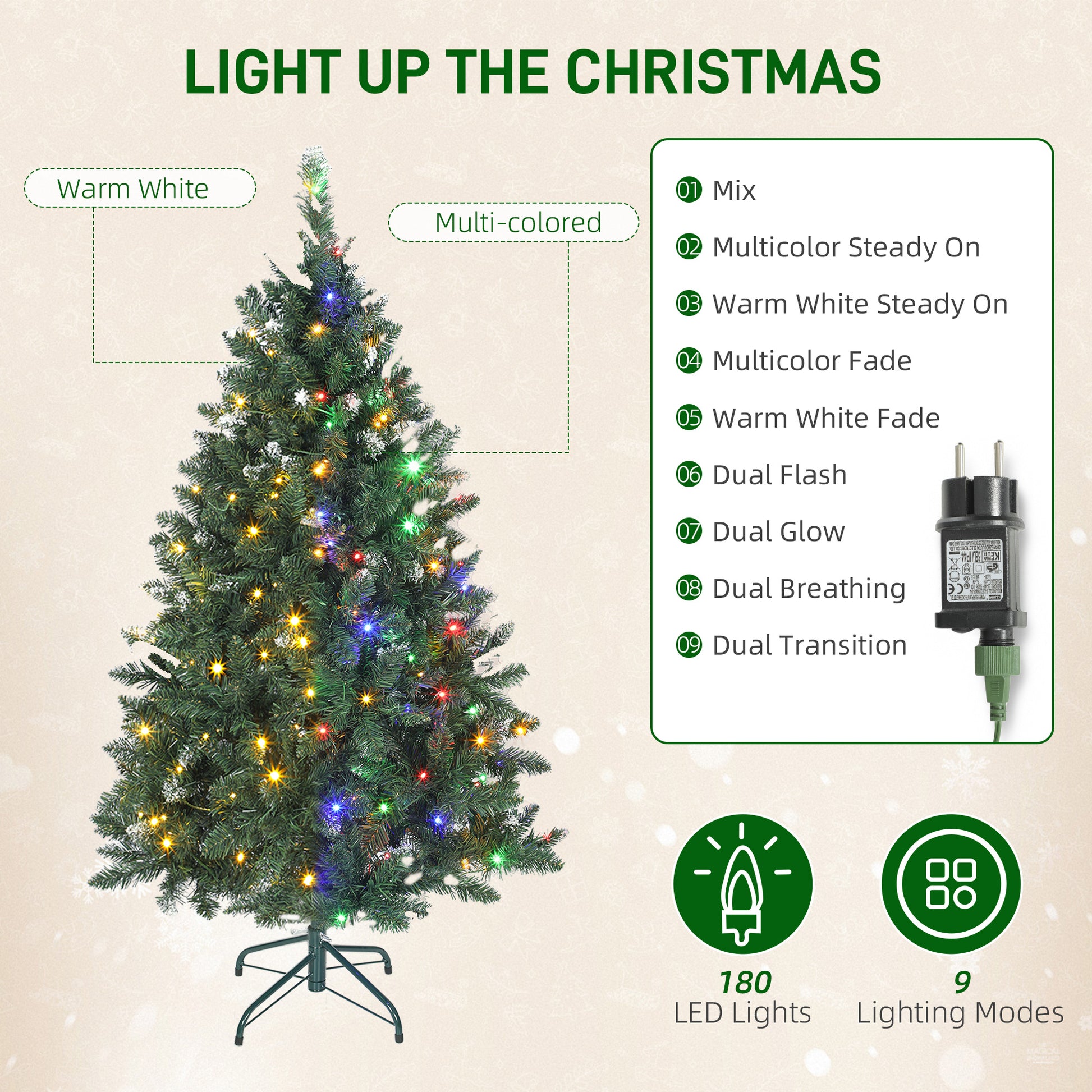 5 ft Frosted Prelit Christmas Tree, Full Spruce Xmas Tree with Dual Colour LED Light, Hinged Xmas Tree, Easy Assembly