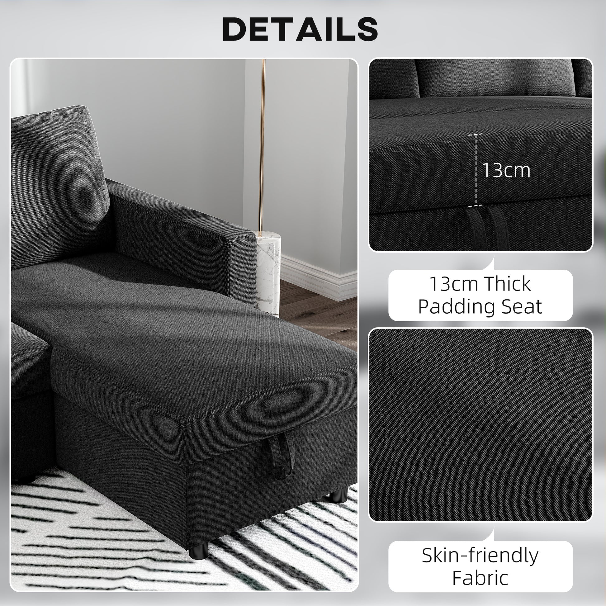 83" Sofa Bed, Pull Out Sleeper L Shaped Sectional Couch with Reversible Storage Chaise, Wide and Deep Seat, Black