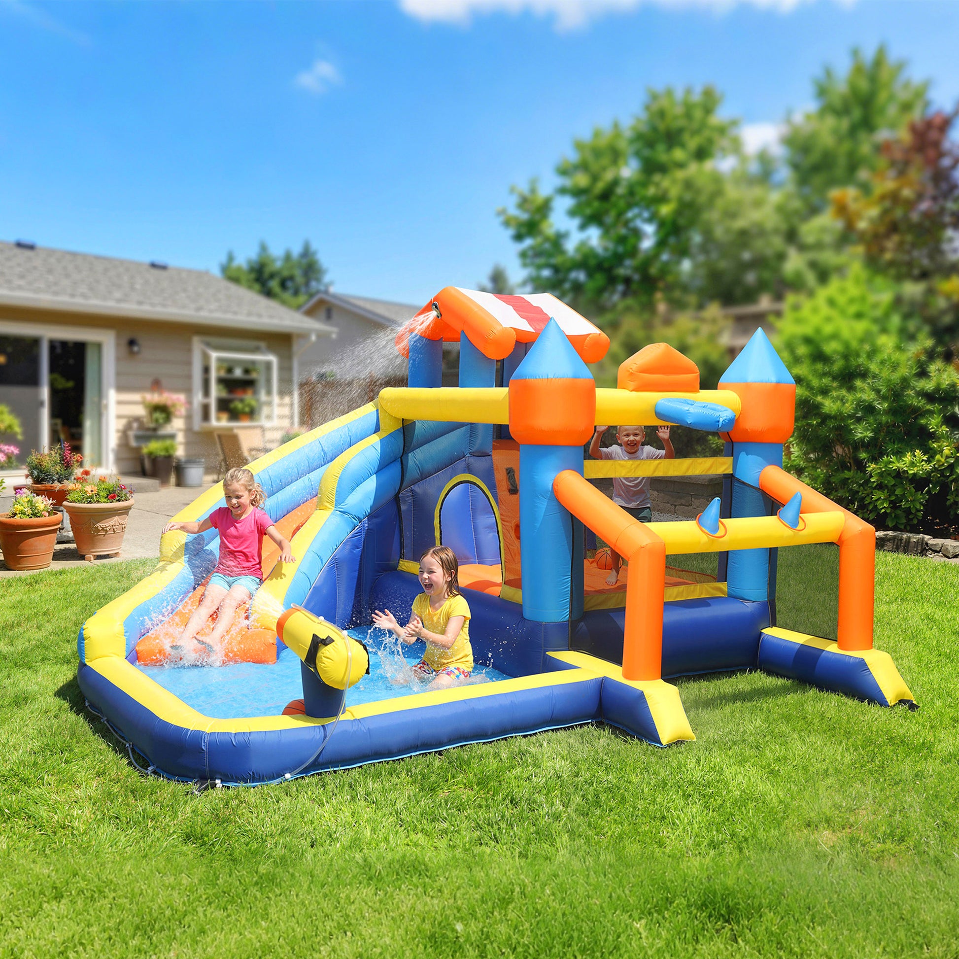 Qaba Bouncy Castle for Kids, Inflatable Bounce House with Slide, Pool (Ball Pit), Climbing Wall and Blower for Indoor Ou