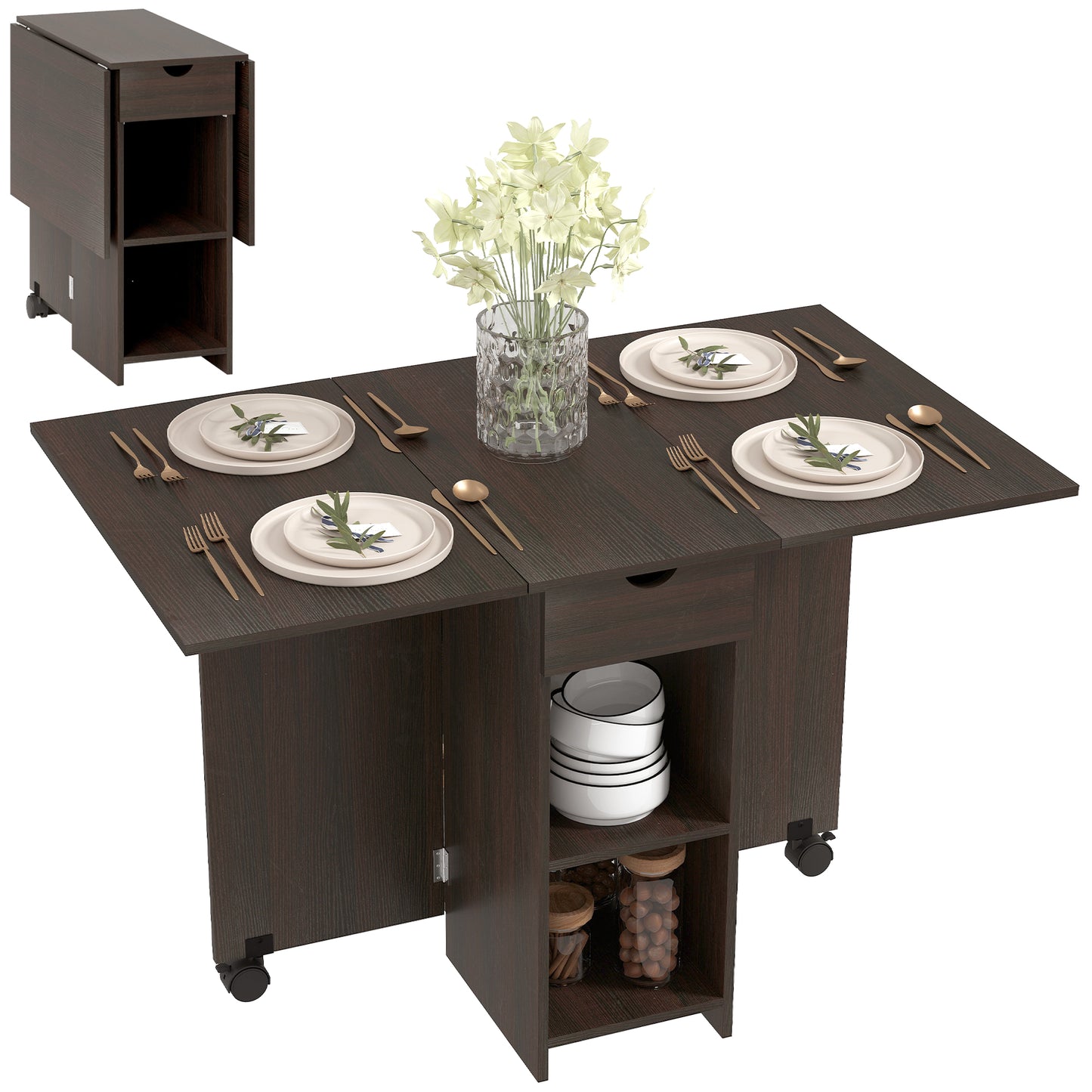 Folding Dining Table, Space Saving Drop Leaf Table with Drawer and Storage Shelves for Kitchen, Dining Room, Dark Brown