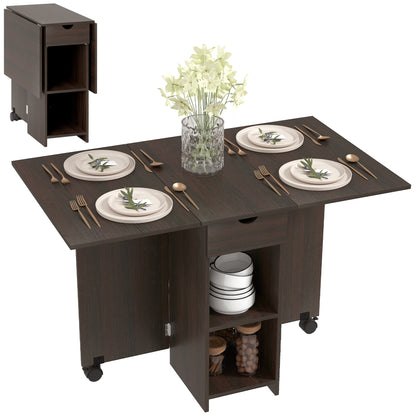 Folding Dining Table, Space Saving Drop Leaf Table with Drawer and Storage Shelves for Kitchen, Dining Room, Dark Brown