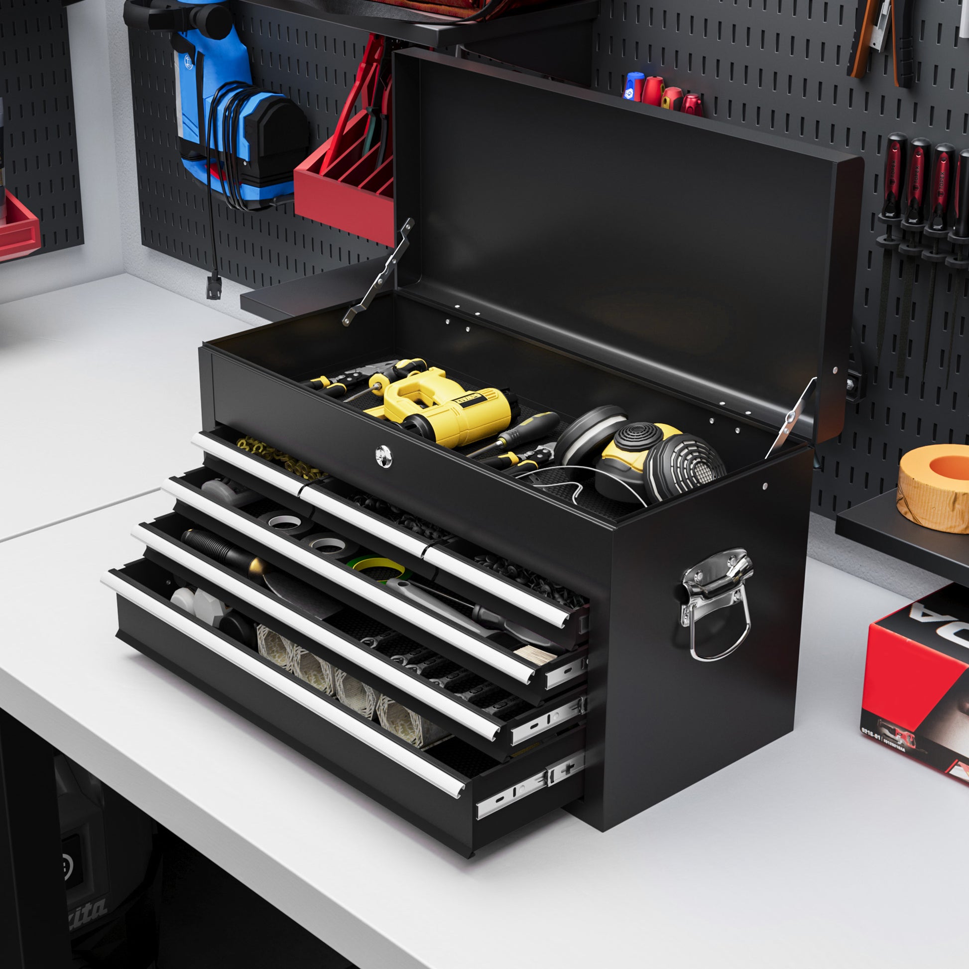 6 Drawer 24" Portable Tool Box with Top Case, Ball Bearing Slides, Metal Tool Chest for Garage, Household and Warehouse
