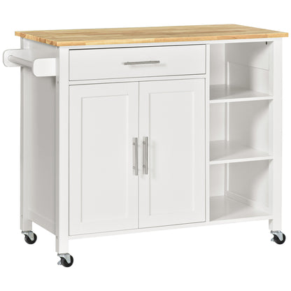 Wooden Rolling Kitchen Island on 360° Swivel Wheels Dining Cart with Drawer, Towel Rack for Kitchen, White