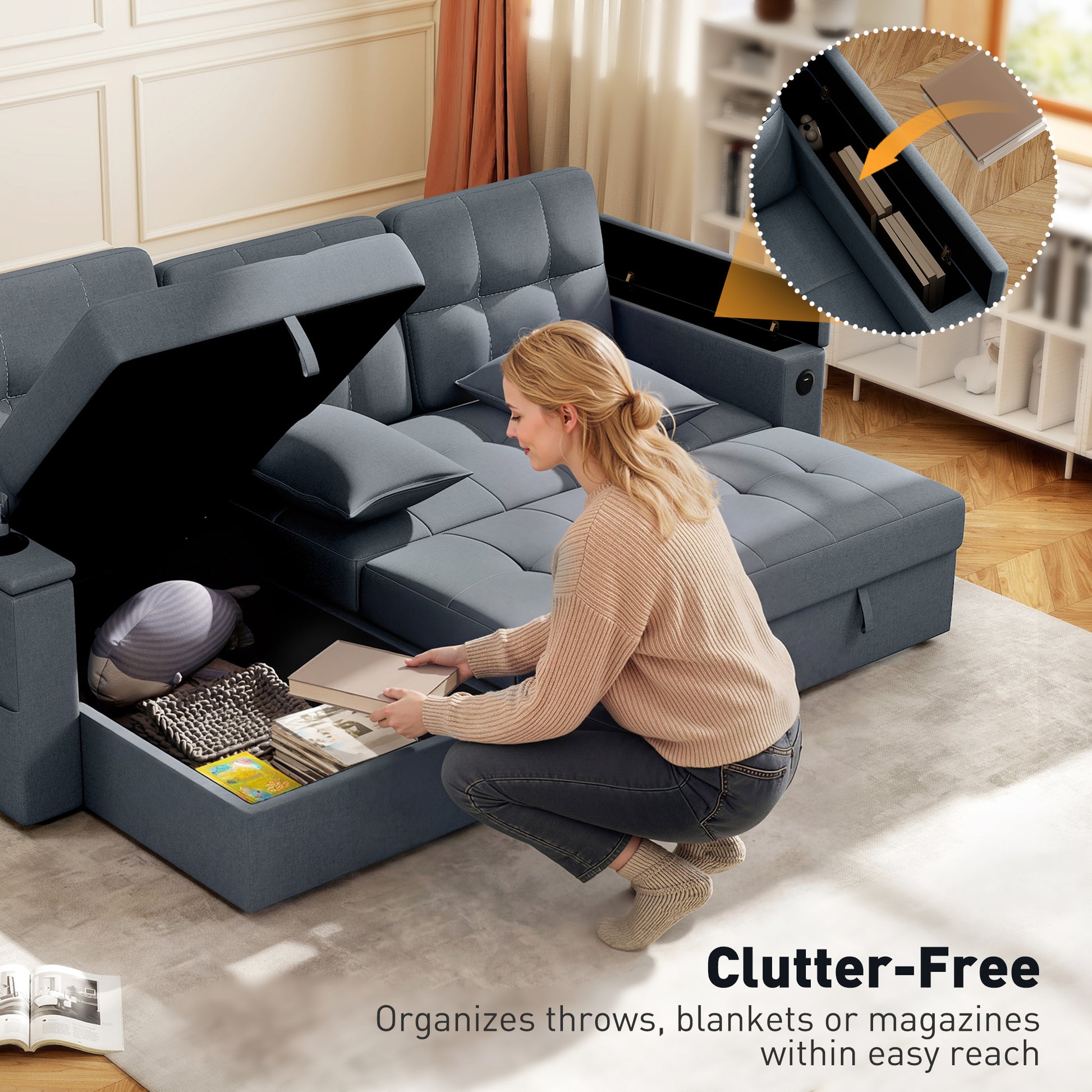 Convertible Sectional Sofa Bed, Pull Out Sleeper Sofa Couch with USB‑A+C, Chaise Storage, L-Shaped Futon Couch, Dark Gre