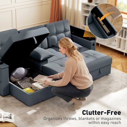 Convertible Sectional Sofa Bed, Pull Out Sleeper Sofa Couch with USB‑A+C, Chaise Storage, L-Shaped Futon Couch, Dark Gre